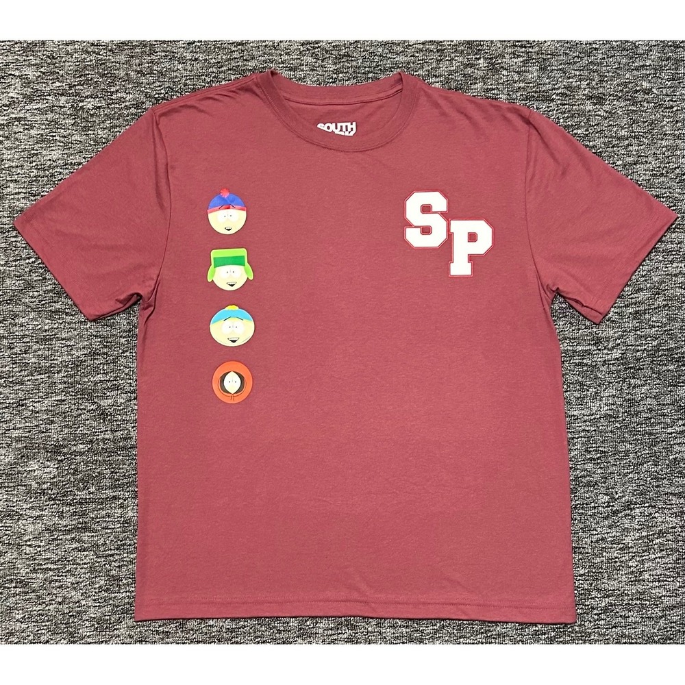 South Park Graphic T-Shirt‎ Mens Medium Maroon Stan Kyle Cartman Kenny SP Logo
